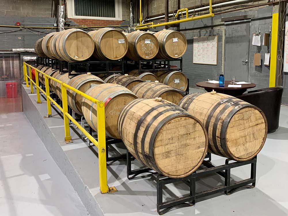 A stack of wooden barrels